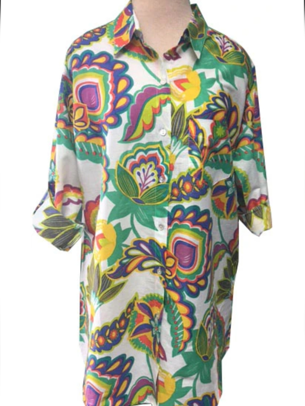 KikiSol Boho Blouse Long Sleeve Vibrant Floral Button-Up Tunic Large